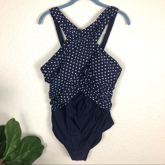 EUC High Neck Wrap One Pc Swimsuit Navy & White - Picture 3 of 8